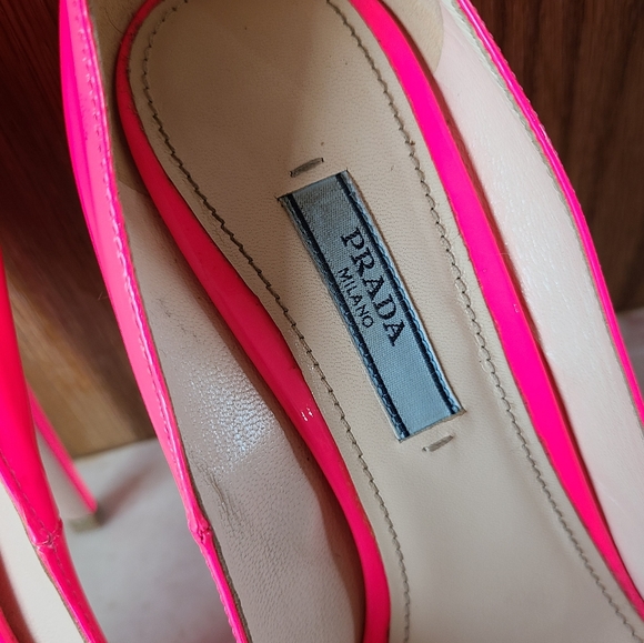 Auth PRADA Rosa Fluo Neon Patent Peep-toe Heels Size EU37/ US6.5 💗 - Picture 6 of 14